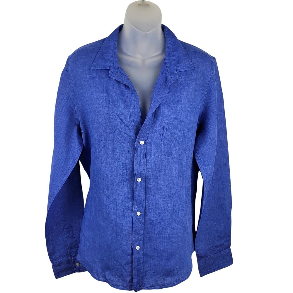 Frank & Eileen BARRY Italian Classic Linen Button-Up Shirt in Blue L $258